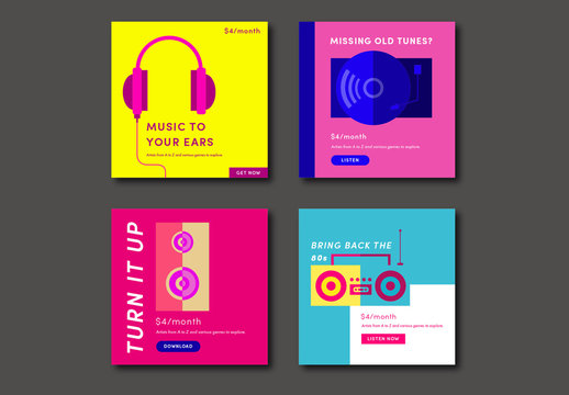 Four Colorful Square Music Social Media Post Layouts