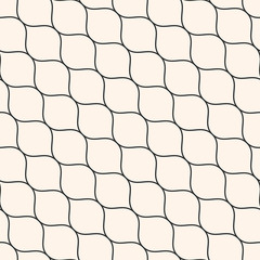 Vector seamless pattern, thin diagonal wavy lines. Texture of mesh, fishnet, lace, weaving, smooth grid. Subtle monochrome geometric background. Design for prints, fabric, cloth, textile, home decor