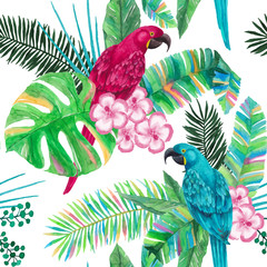 Watercolor Tropical Leaves and Parrots - Seamless Vector Pattern 