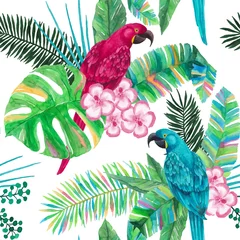 Acrylic prints Parrot Watercolor Tropical Leaves and Parrots - Seamless Vector Pattern 