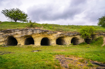 Fototapeta na wymiar Ancient handmade caves near settlement of the White Croatian - Stilsko, Ukraine. Stilsko was one of the biggest cities of Europe in 9 century.