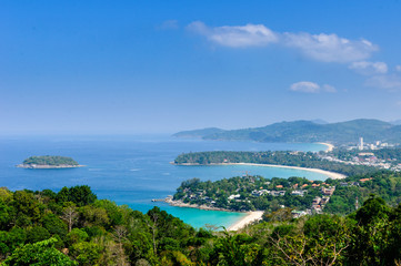 Top view of Beautiful Landscape and Tropical. Seascape, Sea View and Cape with blue sea, sky background and mountain and cape foreground