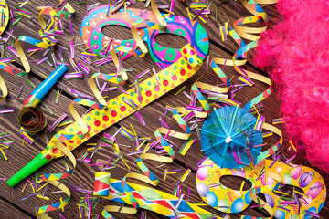 Fototapeta premium Colorful party background on wooden table