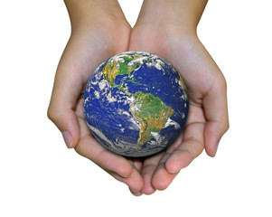 Earth planet in female hand isolated on white