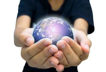 Earth planet in female hand isolated on white