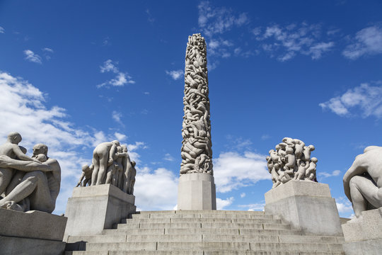 Vigeland's Monolith and statues Wheel of Life at the Vigeland Sculpture Park (Frogner Park), Oslo, Norway.