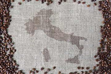 Burlap texture with coffee beans border