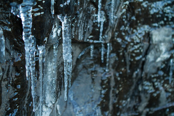 ice shapes and forms on cold winter morning