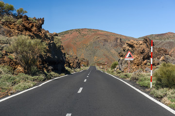 Desert Lonely Road Landscape in Volcan Teide National Park, Tenerife, Canary Island, Spain