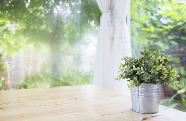 Obraz na płótnie Canvas Little tree in aluminium vase on wooden table with clean white curtain and garden background, Concept of clean living room