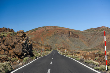 Desert Lonely Road Landscape in Volcan Teide National Park, Tenerife, Canary Island, Spain