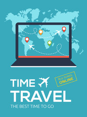 Banner of Travel Company. Illustration for Online flight booking service.Time travel. The best time to go.