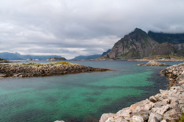 Pointed mountains by sea and bay - Lofoten, Norway