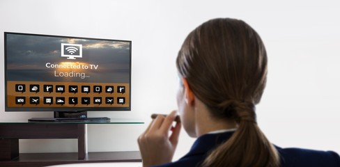 Composite image of rear view of businesswoman holding cigar