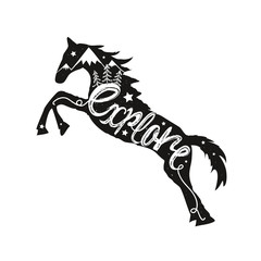 Vector typography poster with black jumping horse, mountains, pine trees, stars and lettering word - Explore.