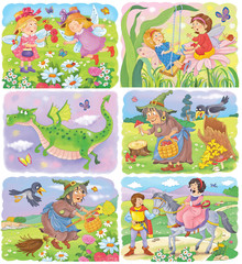 Fairy tale. Coloring book. Coloring page. Cute and funny cartoon characters