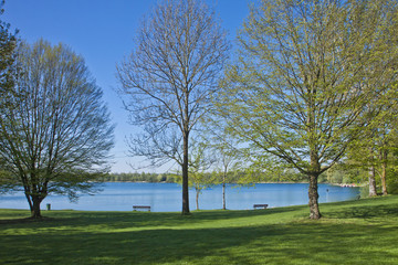 .Germany, Eching See, panoramic view of  Bavarian lake in early spring