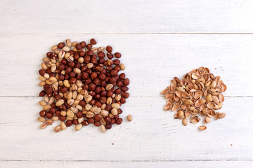 Shell from pistachios. Pistachios and hazelnuts. Against the backdrop of white boards, a view from above.