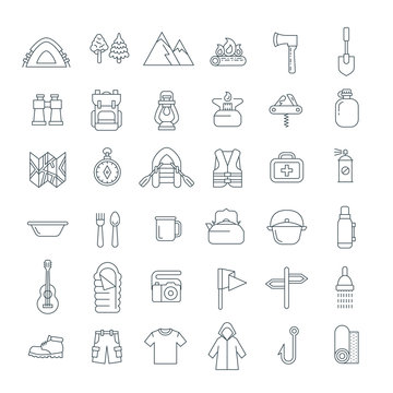 Summer camping thin line icons. Vector flat outline graphics. Outdoor recreational activity. Hiking tourism tools, clothes, objects. Wild nature travel. Forest camp equipment. Mountain exploring