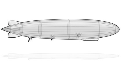 Legendary huge zeppelin airship filled with hydrogen. Outlined stylized flying balloon. Big dirigible, propellers, rudder. Long zeppelin, white background, rigid airship. Isolated vector illustration.