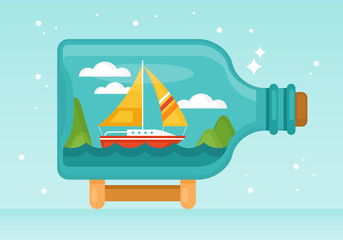 Fototapeta premium Boat in bottle flat style vector illustration. Summer vacation concept