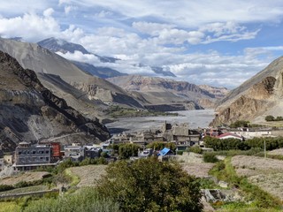 Kagbeni Village Along the Kali Gandaki River on the Annapurna Circuit with Rugged Mountains and Serene Landscape in Nepal