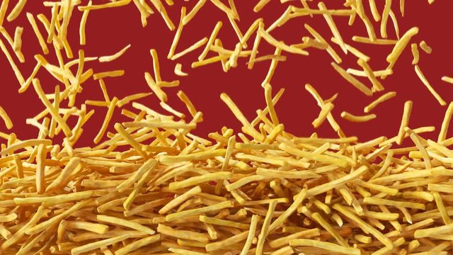 Fried potato chips falling down, fast food, junk food background with alpha channel.