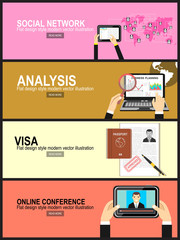 Social Network Vector Concept.business analytic graph report . business investment planning.Online conference, online tutorials,Visa application flat illustration concept.