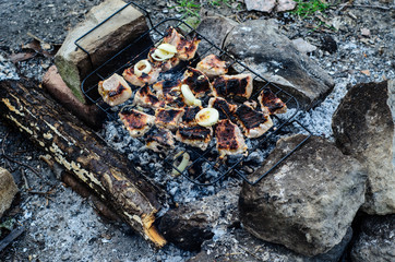 Meat prepared on a grill. Top view