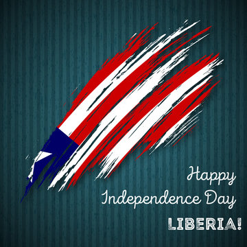 Liberia Independence Day Patriotic Design. Expressive Brush Stroke in National Flag Colors on dark striped background. Happy Independence Day Liberia Vector Greeting Card.