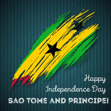 Sao Tome and Principe Independence Day Patriotic Design. Expressive Brush Stroke in National Flag Colors on dark striped background. Happy Independence Day Sao Tome and Principe Vector Greeting Card.