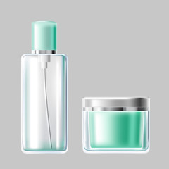 Vector illustration set of glass cosmetic packaging for cream, gel, lotion, floral water, isolated on gray background