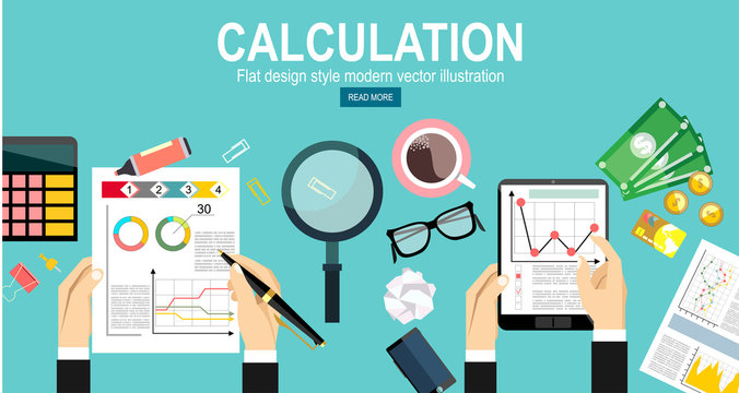 Calculation concept. Businessman, accountant . Flat design, Vector Illustration. Financial calculations, statistics, data analytics, planning, report