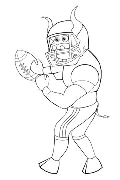Coloring book bull plays American football.  Cartoon style. Isolated image on white background. Clip art for children.