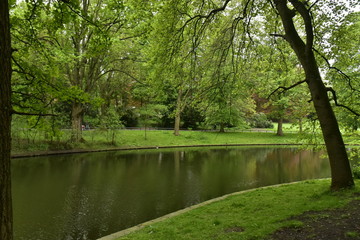 Fototapeta na wymiar L'étang principal de Parc Josaphat à Schaerbeek sous un feuillage dense au printemps 