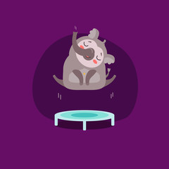 Funny cartoon animal character playing sports. Vector illustration of elephant exercising with trampoline