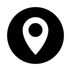 Map pointer circle icon. Black, round, minimalist icon isolated on white background. Map pointer simple silhouette. Web site page and mobile app design vector element.