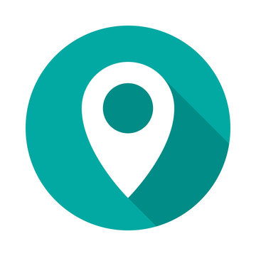 Map pointer circle icon with long shadow. Flat design style. Map pointer simple silhouette. Modern, minimalist, round icon in stylish colors. Web site page and mobile app design vector element.