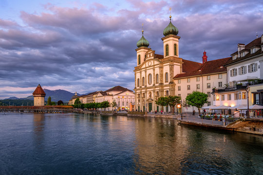 Medieval Old Town of Lucerne on sunset, Switzerland