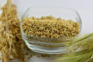 Green buckwheat in a bowl
