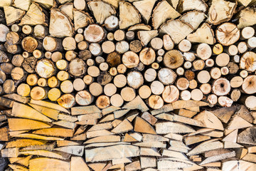 Pile of wood logs in the garden