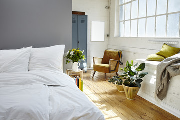 vintage bedroom morning light industrial loft