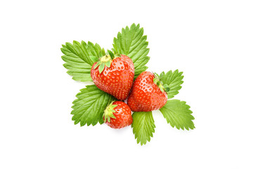 Frische Erdbeeren mit Blättern vor weißem Hintergrund
