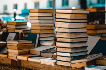 A pile of old books in the market