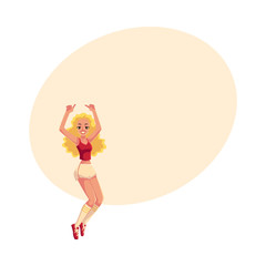 Blond girl, woman in 80s style aerobics outfit enjoying sport dance workout, cartoon vector illustration with space for text. Retro style girl, woman in shorts and knee socks, aerobic workout