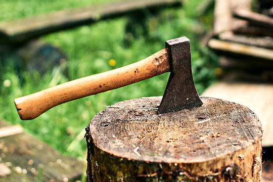 Axe in stump ready for cutting timber