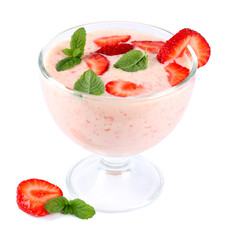 Healthy strawberry yogurt with mint leaves and fresh berries isolated on white background