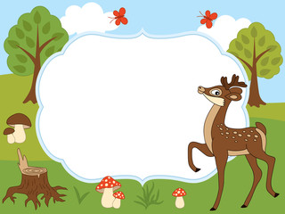 Obraz na płótnie Canvas Vector Card Template with a Cute Deer, Butterflies, Mushrooms and Trees on Forest Background. 
