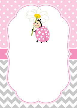Vector Card Template with a Cute Ladybug on Chevron and Polka Dot Background. 