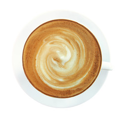 Top view of hot coffee cappuccino cup with spiral milk foam isolated on white background, clipping path included.